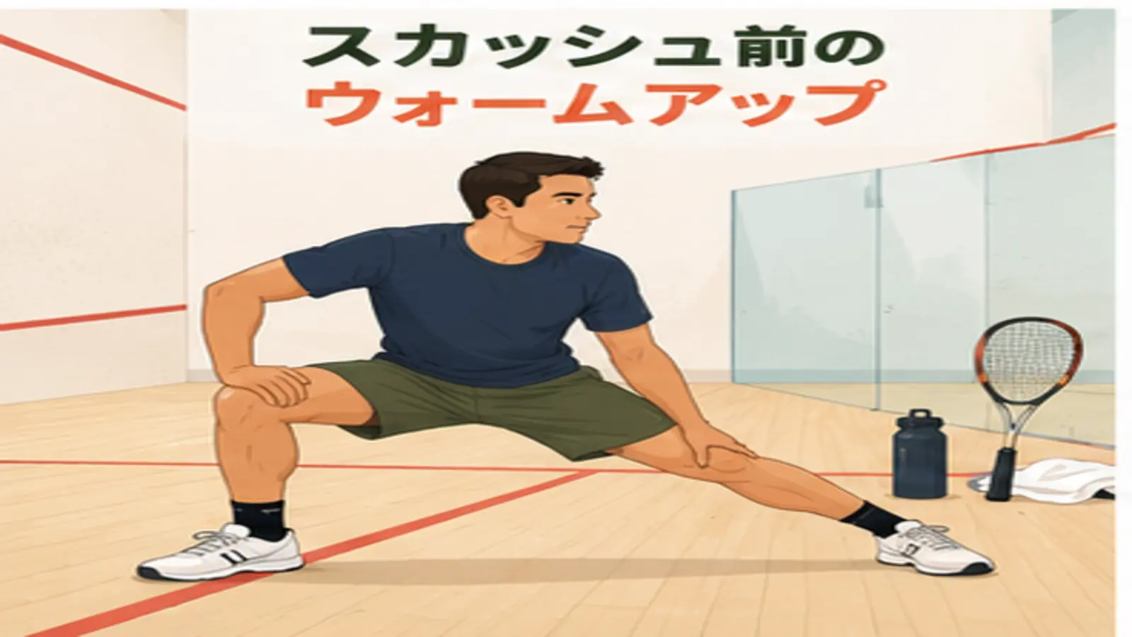 スカッシュ前にウォームアップする人物のイラスト