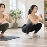 裸足とトレーニングシューズでスクワットを比べる様子