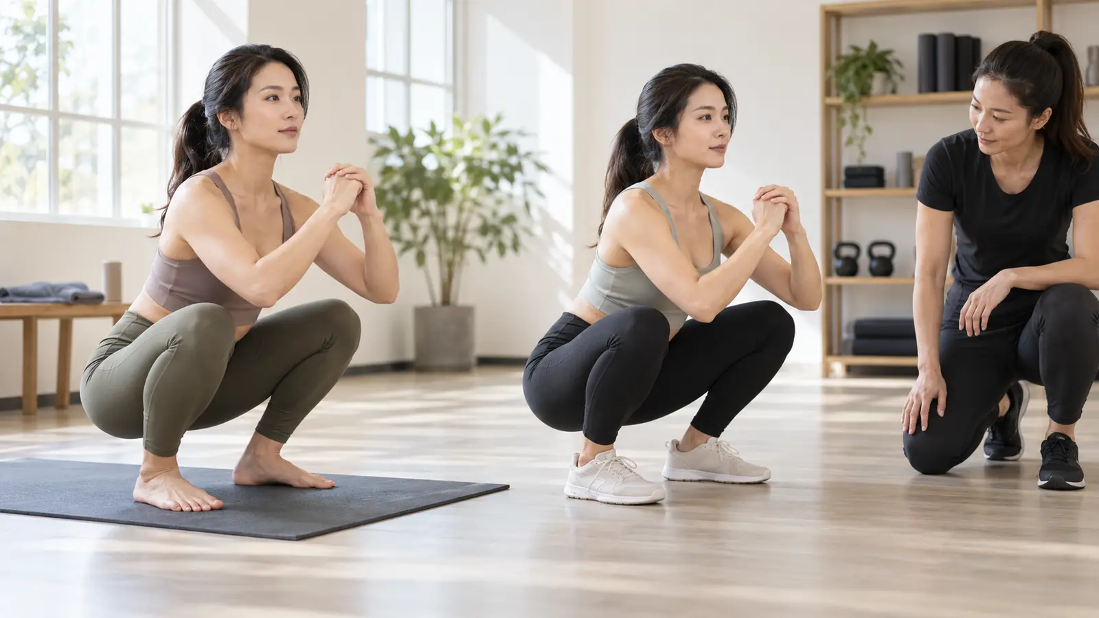 裸足とトレーニングシューズでスクワットを比べる様子