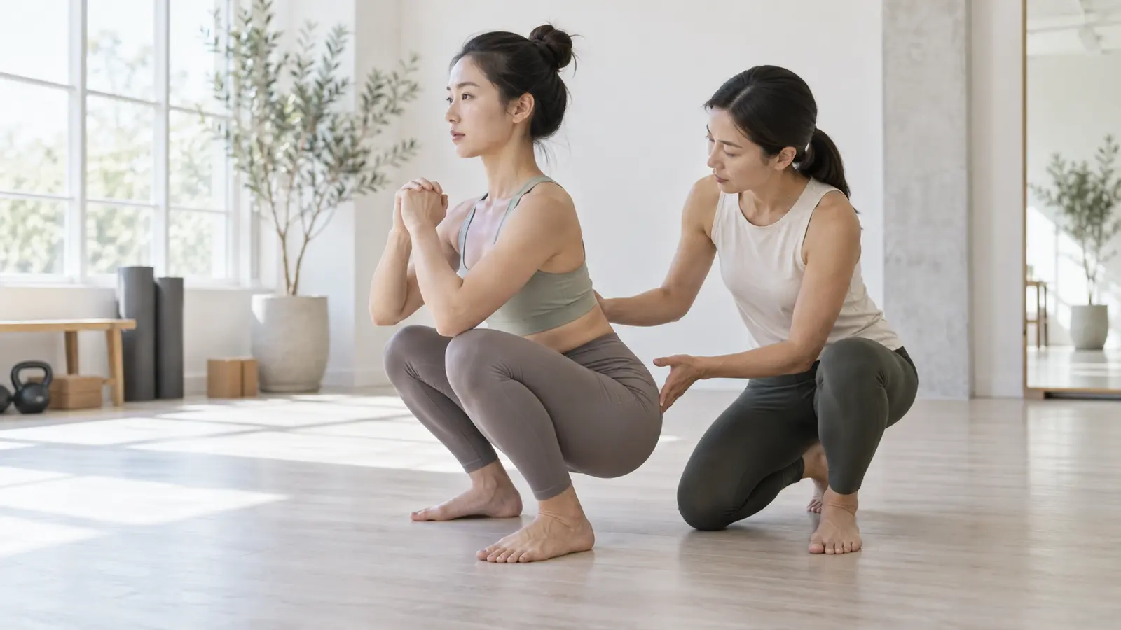 深いスクワットで骨盤と腰の位置を確認する様子