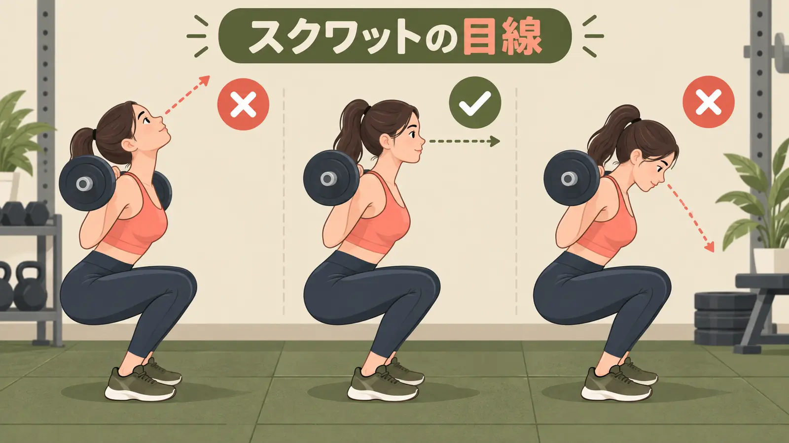 スクワットの目線はどこ?首を反らさない視線と頭の位置