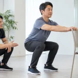 後ろへ倒れやすい人が椅子の支えで練習する様子