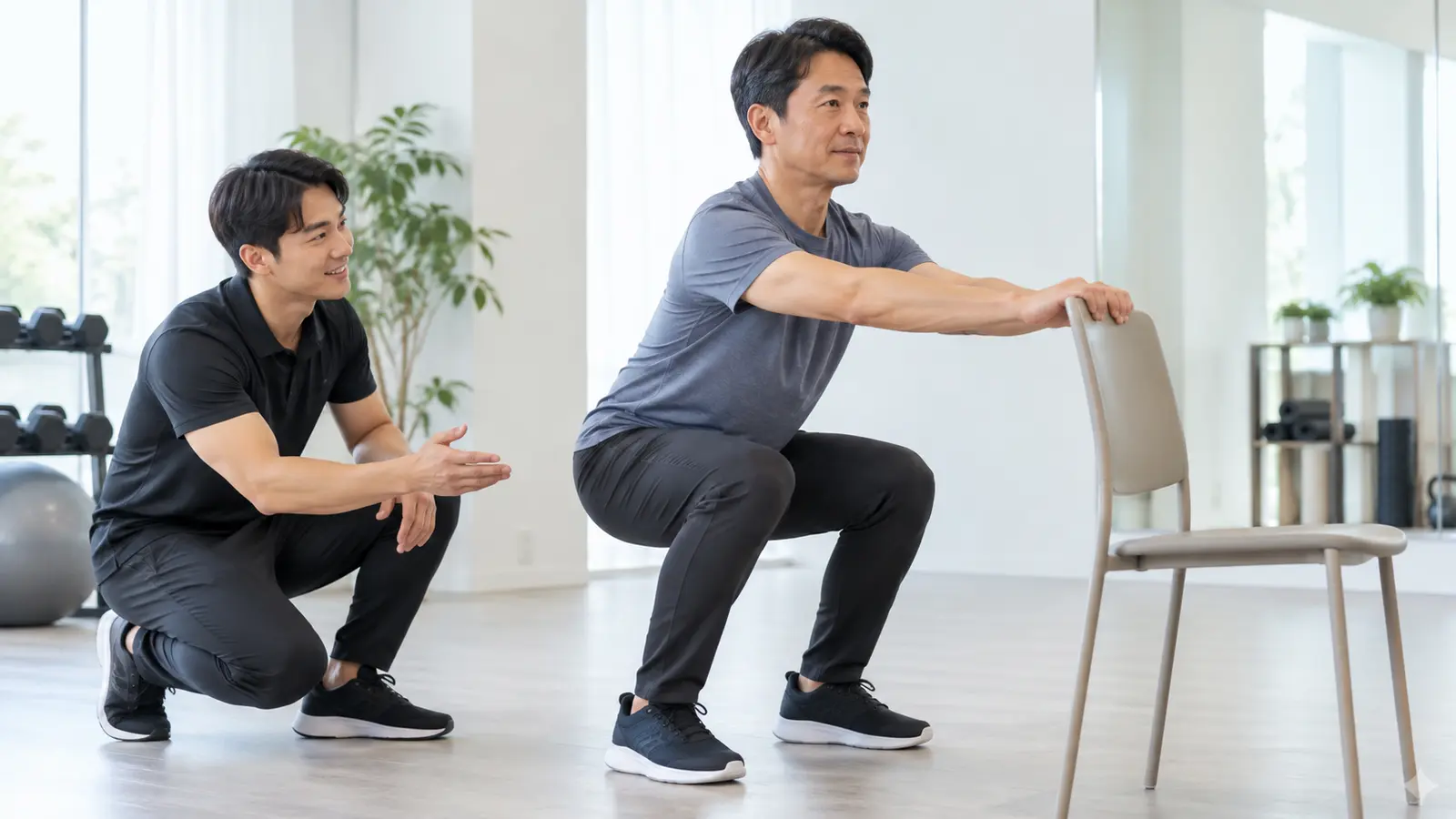後ろへ倒れやすい人が椅子の支えで練習する様子