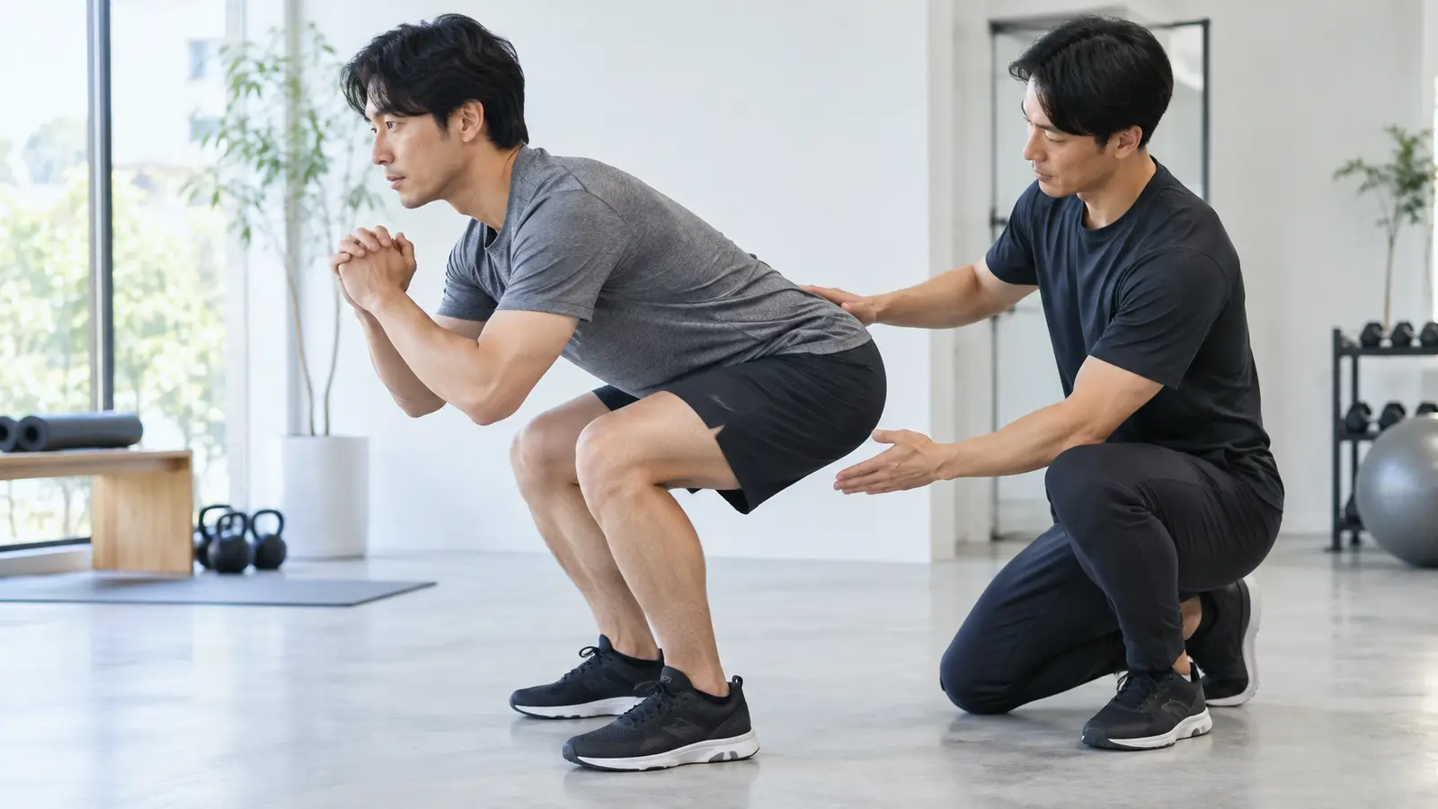 スクワットで上体が前傾するフォームを確認する様子