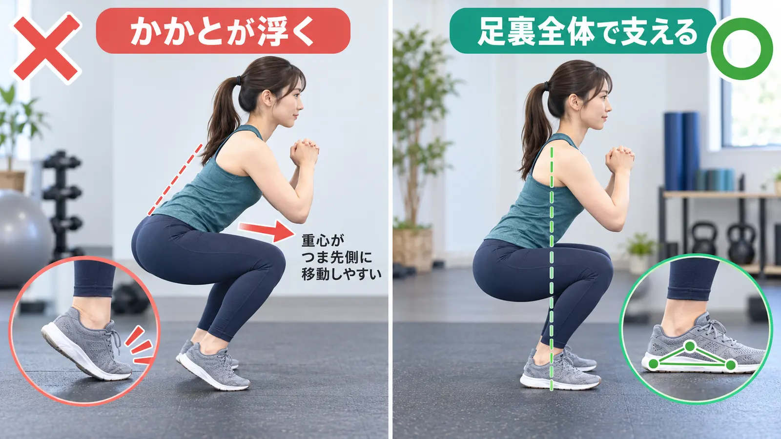 スクワットでかかとが浮く例と足裏全体で支える例の比較