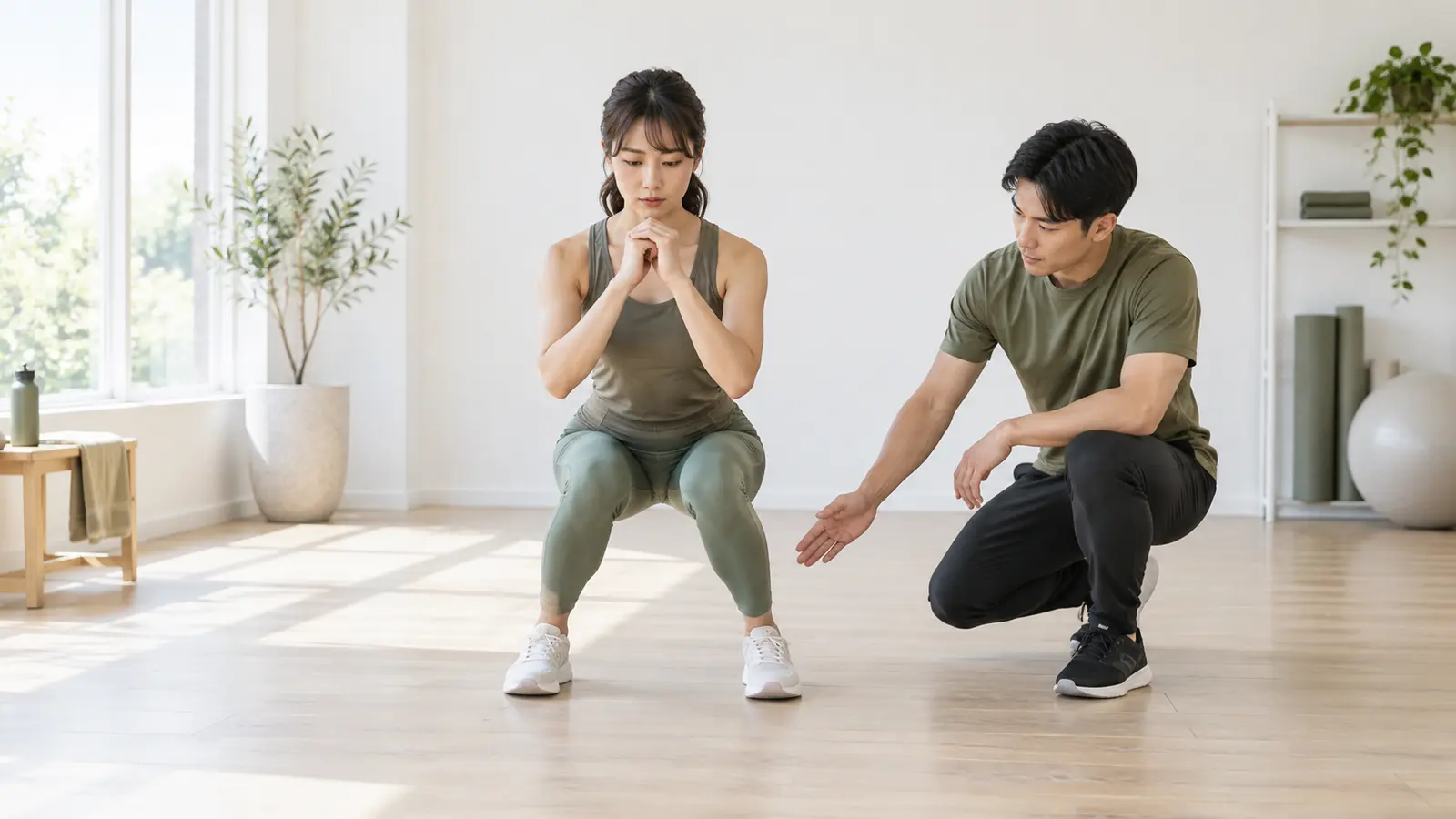 スクワットで膝が内側に入る原因を確認するトレーニング風景