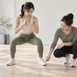 スクワットの足幅とつま先の向きを調整する様子