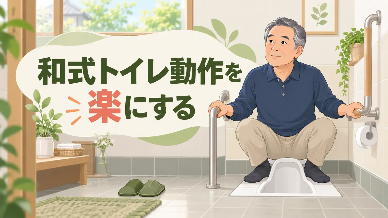 手すりを使い安全にしゃがむ中高年男性