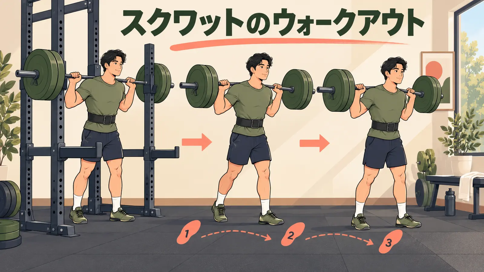 スクワットのウォークアウト:ラックアウト後の歩数と安定