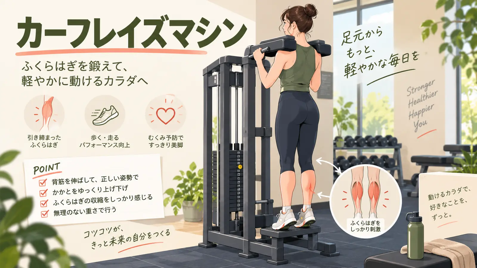 スタンディングカーフレイズマシンを正しいフォームで行うイラスト