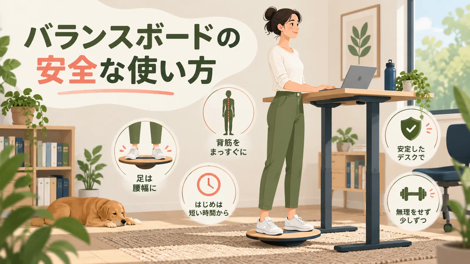 スタンディングデスクで安全にバランスボードを使う姿勢