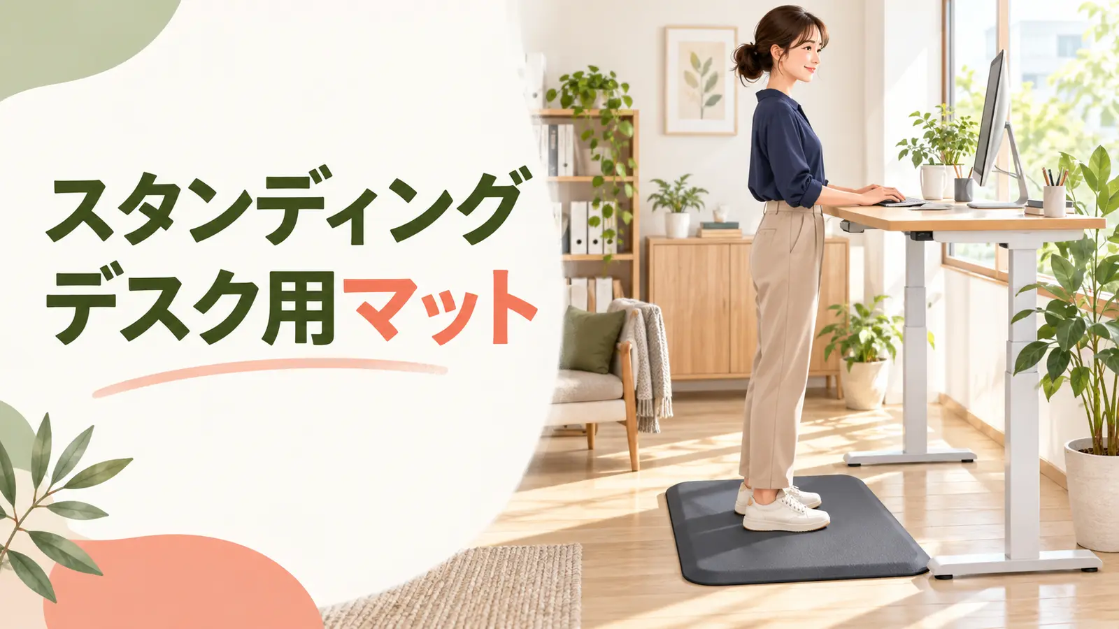 スタンディングデスク用マットを使う会社員のイラスト