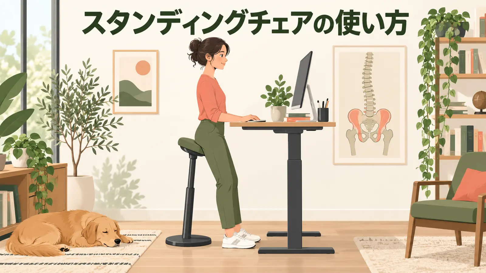 両足をつけて骨盤を軽く預けるスタンディングチェア