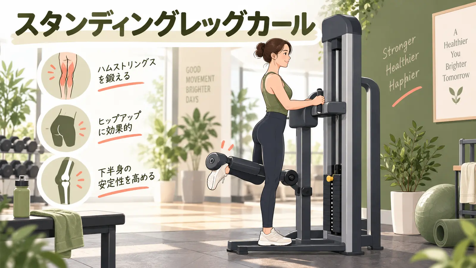 スタンディングレッグカールマシンを正しいフォームで行うイラスト