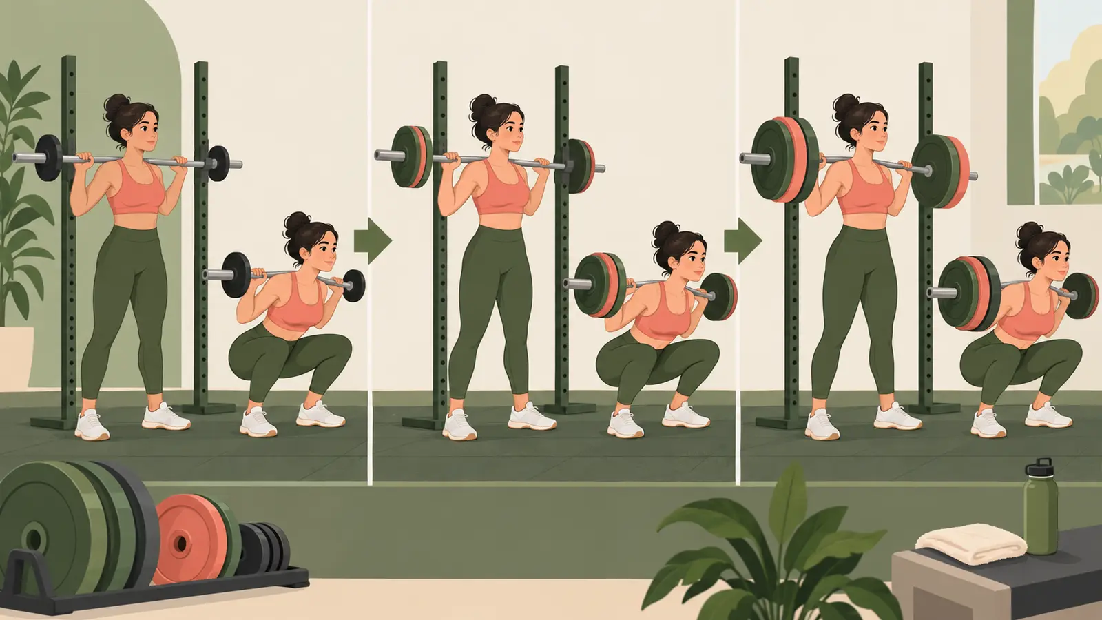 Starting Strengthのスクワットの手順と安全確認を示す解説図