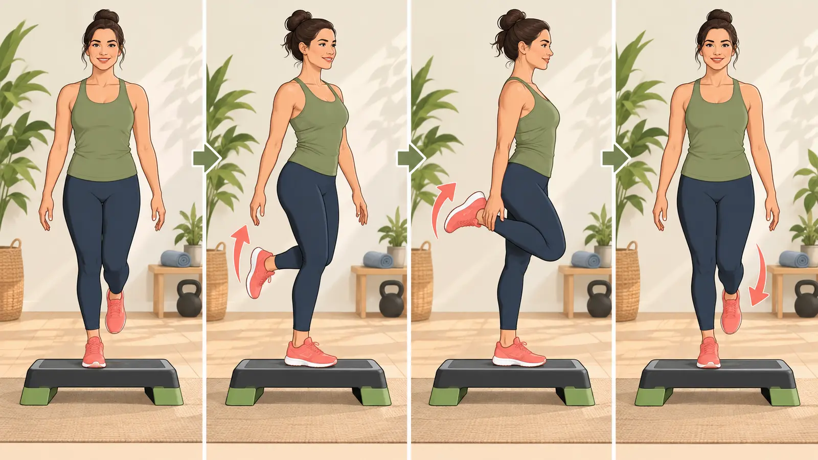 ステップ台レッグカールの足順を段階的に示すイラスト