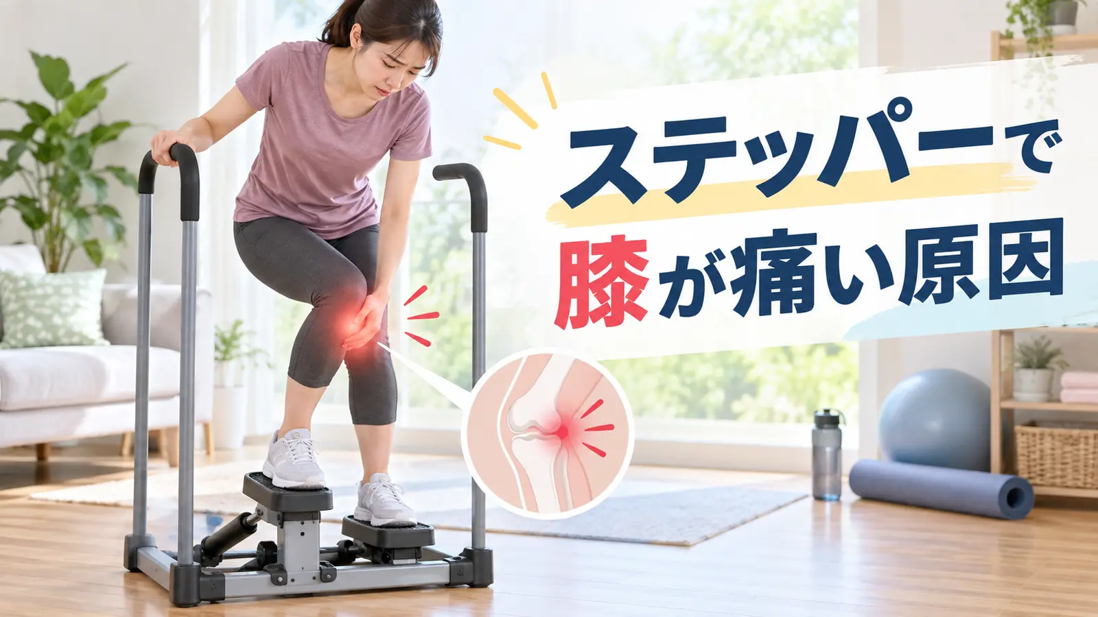 ステッパーを止めて膝の状態を確認する人物