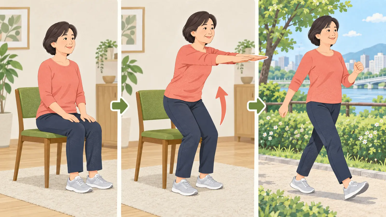 筋トレとウォーキングの同日実施に役立つ運動手順のイラスト