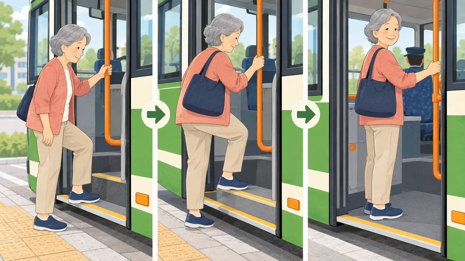 バスの乗り降りを楽にする筋トレに役立つ運動手順のイラスト