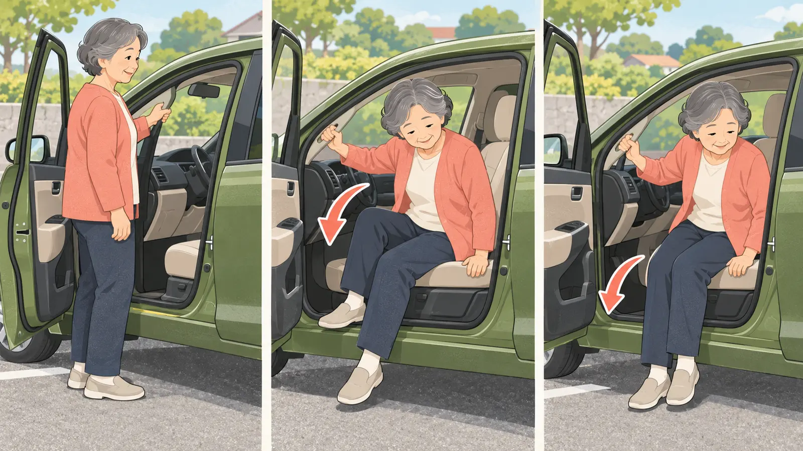 車の乗り降りを楽にする筋トレに役立つ運動手順のイラスト