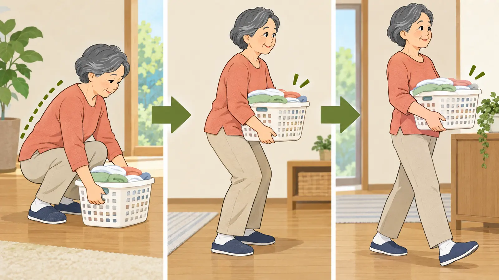洗濯かごを運ぶ筋トレに役立つ運動手順のイラスト