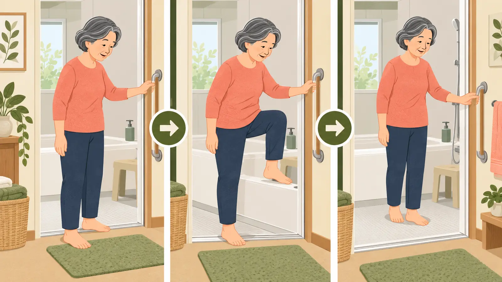 浴槽をまたぐ筋トレに役立つ運動手順のイラスト