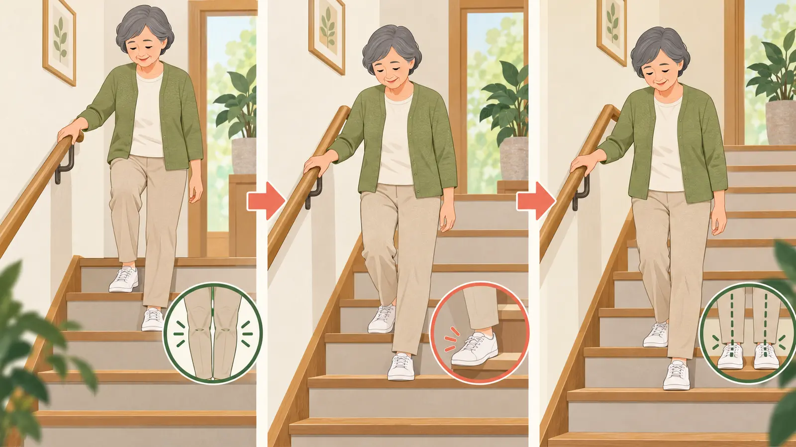 階段を下りる筋トレに役立つ運動手順のイラスト
