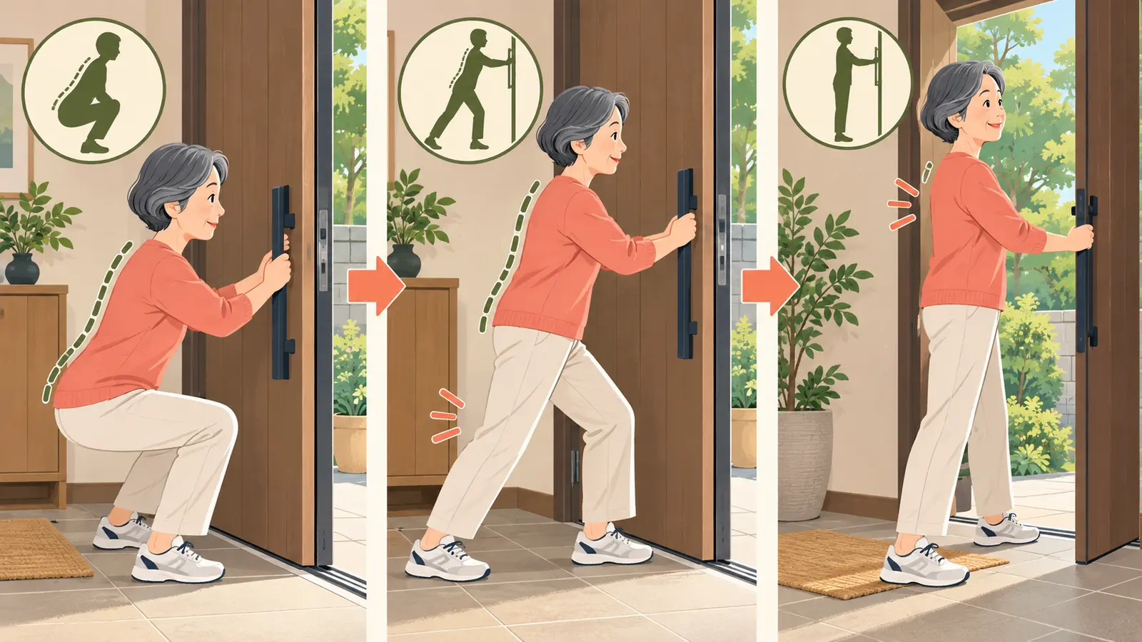 重いドアを開ける筋トレに役立つ運動手順のイラスト
