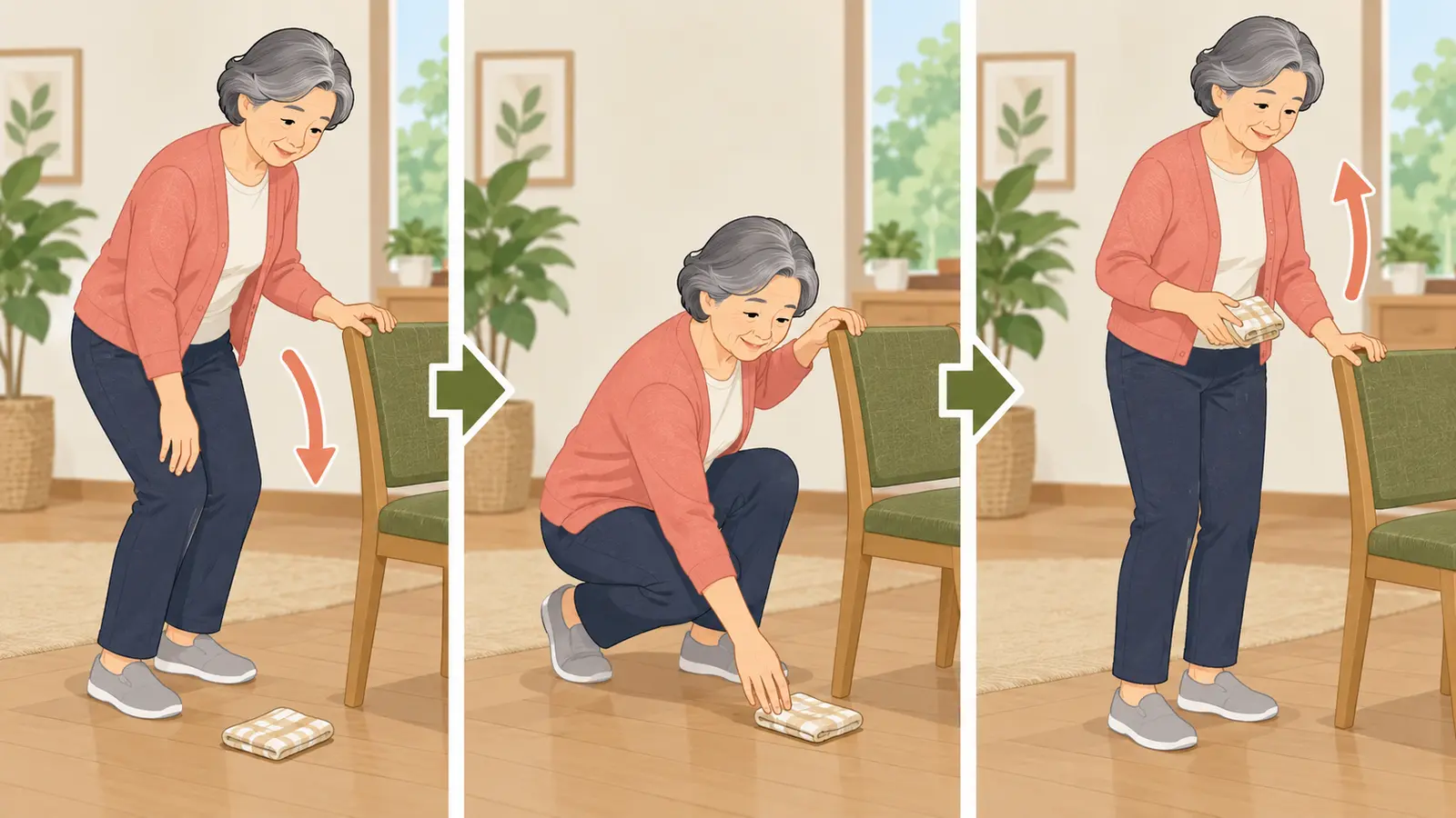 床の物を拾うための筋トレに役立つ運動手順のイラスト