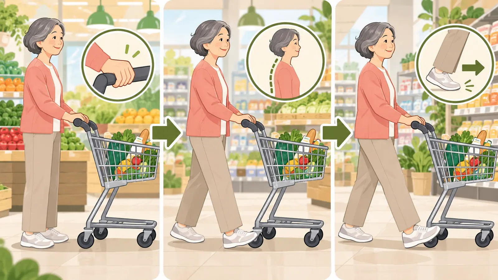 買い物カートを押す体力づくりに役立つ運動手順のイラスト