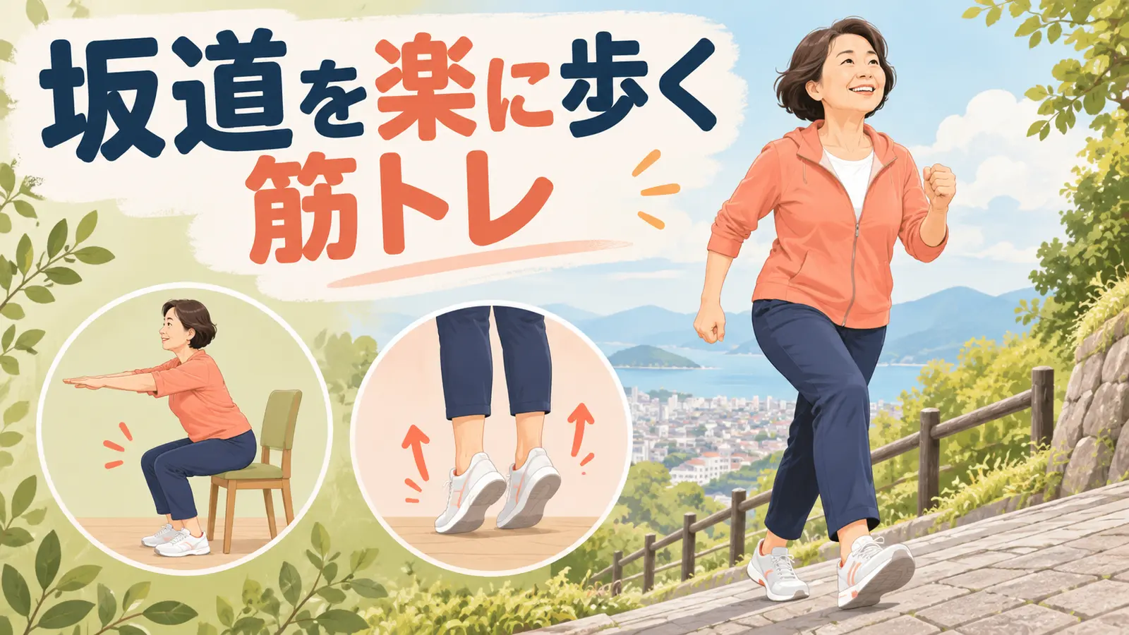 坂道を楽に歩くための筋トレを実践する中高年のイラスト