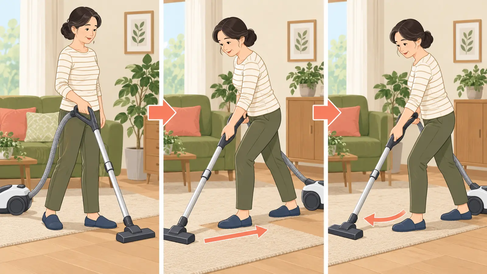 掃除機がけの体力づくりに役立つ運動手順のイラスト