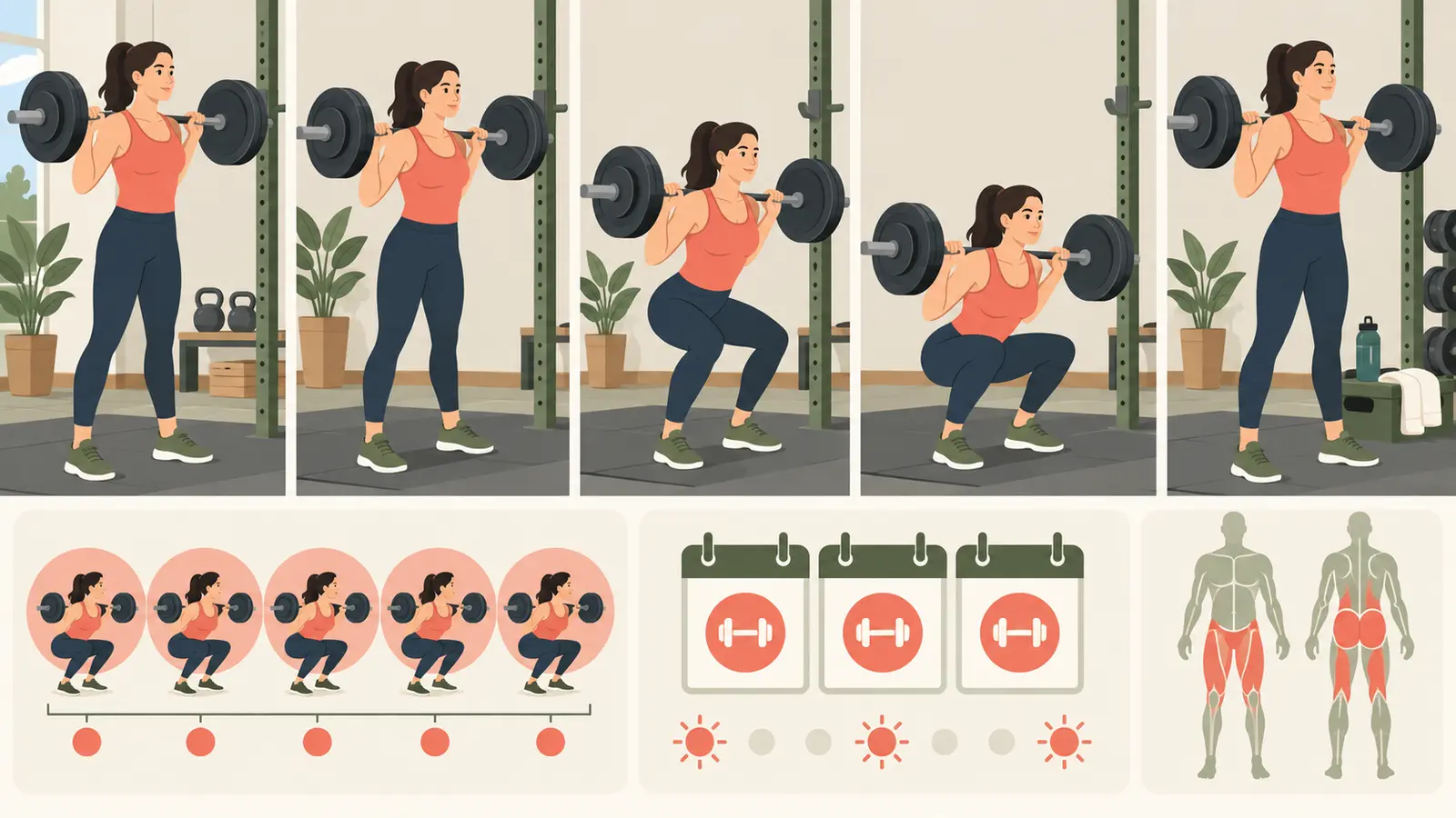 StrongLifts 5×5の手順と安全確認を示す解説図