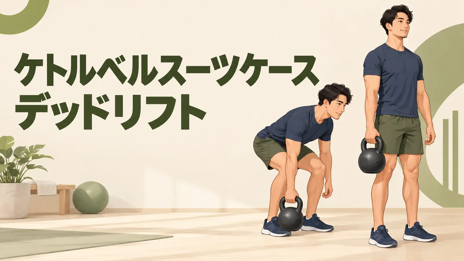 ケトルベルスーツケースデッドリフトのフォームを示すアイキャッチイラスト