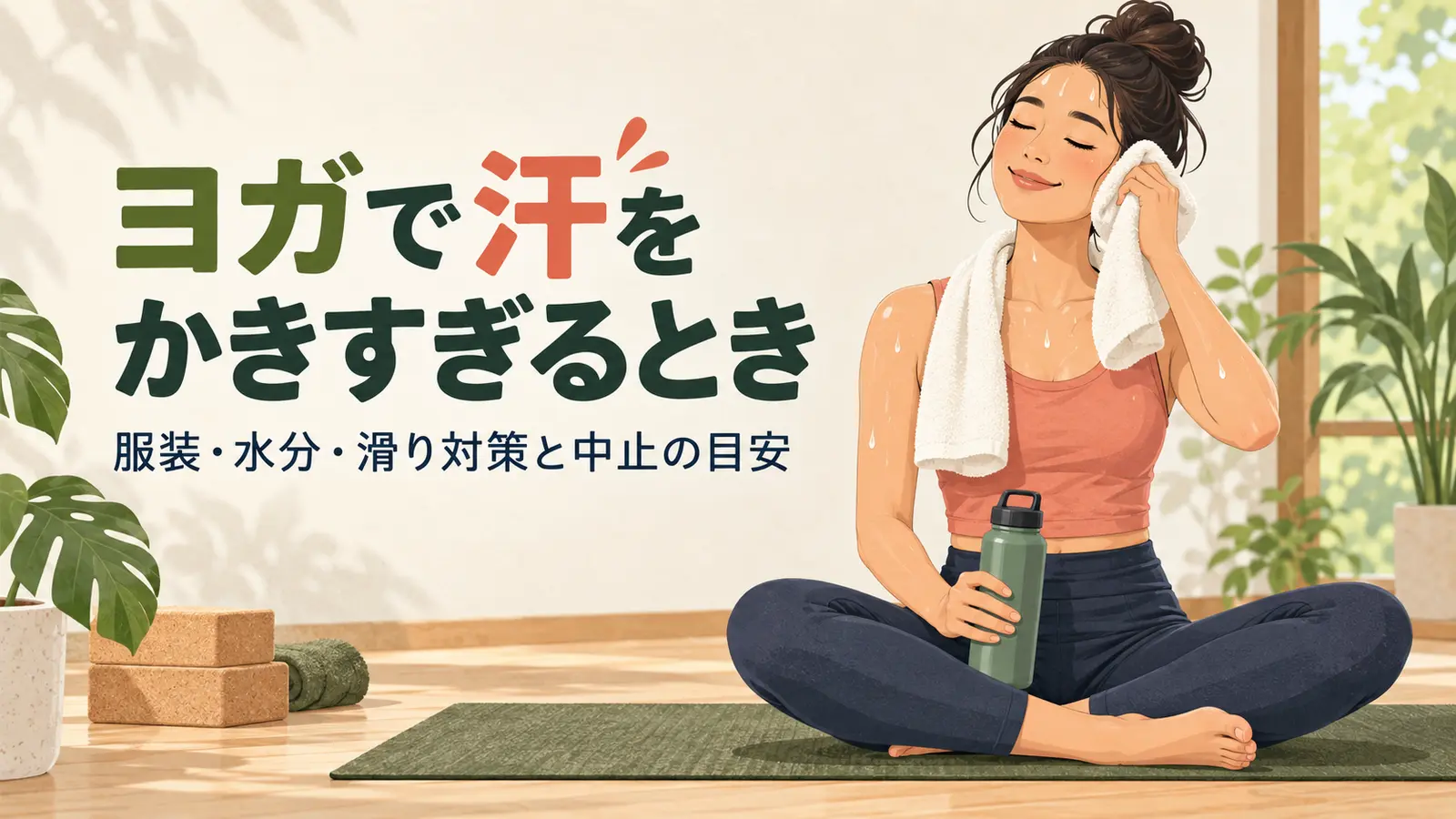 タオルと水分とマットで汗対策をする様子
