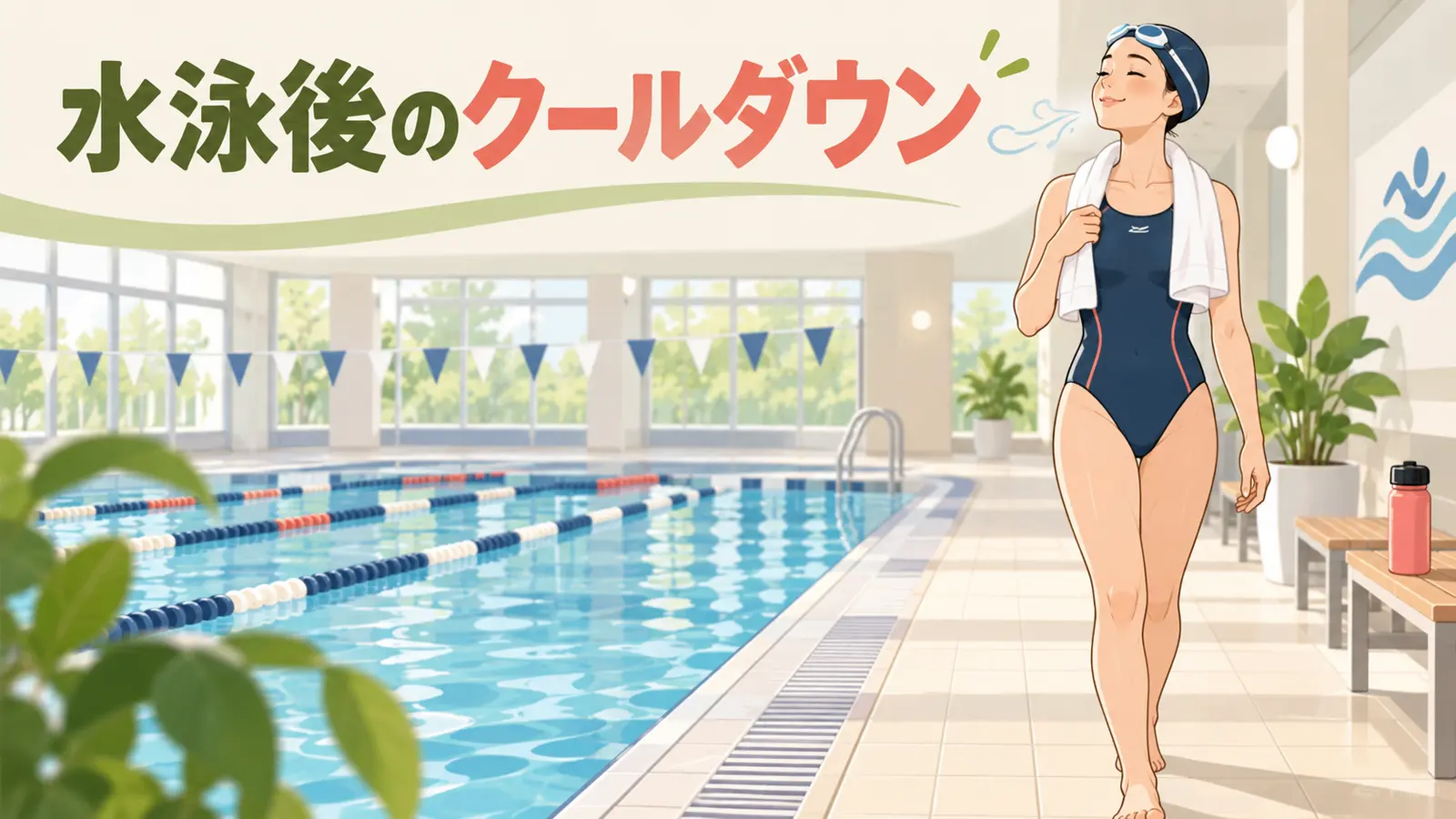 水泳後のクールダウンを行うスイマー