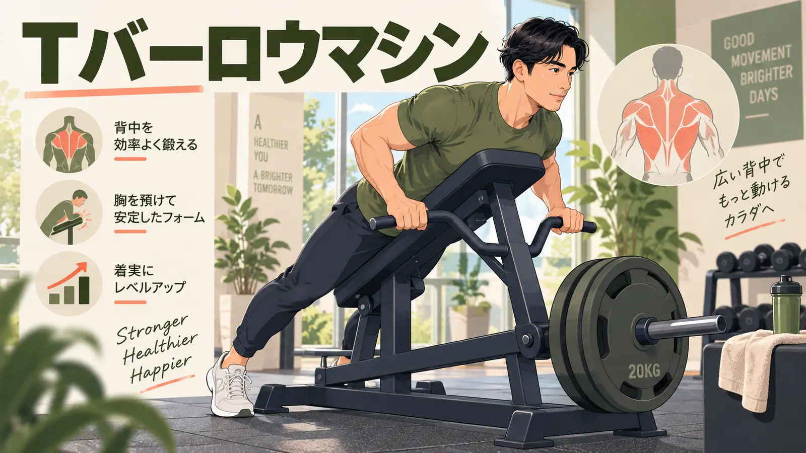 Tバーロウマシンを正しいフォームで行うイラスト
