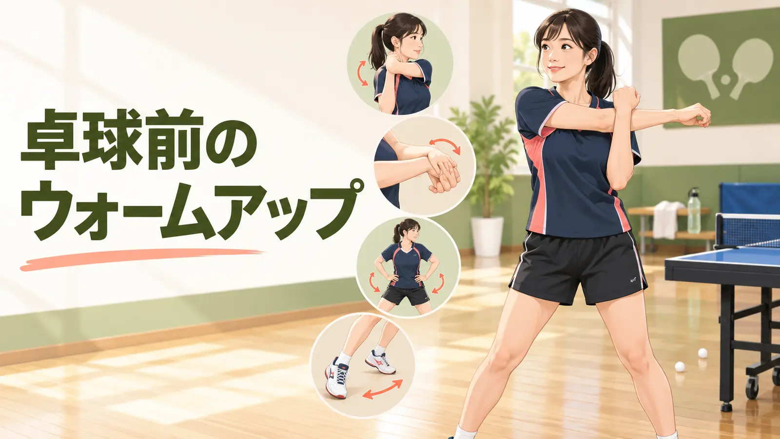 卓球前に肩・手首・股関節を準備する様子