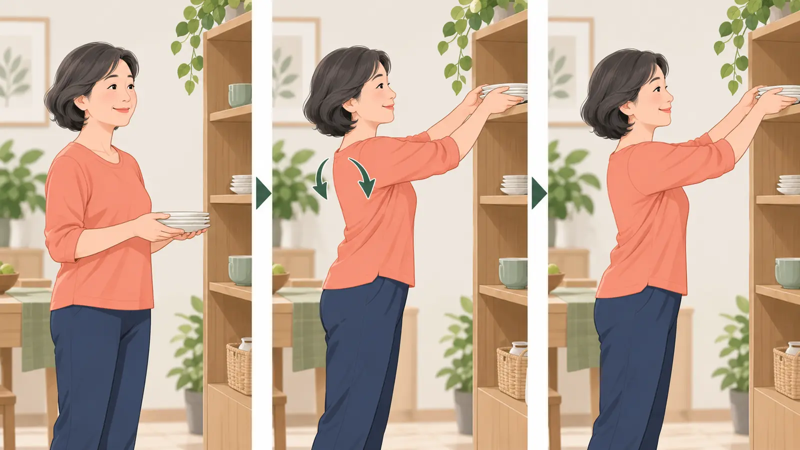 食器棚から皿を取り出す運動に備える運動