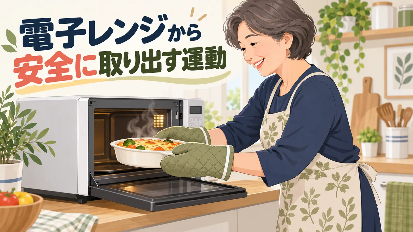 電子レンジから料理を安全に取り出す運動のイメージ