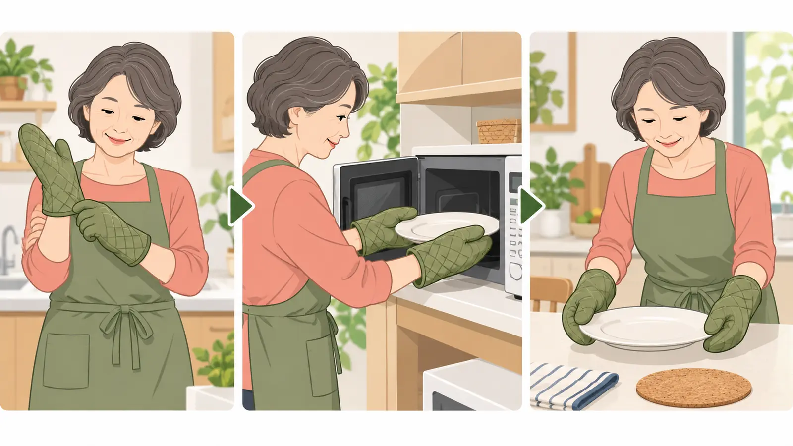 電子レンジから料理を安全に取り出す運動に備える運動