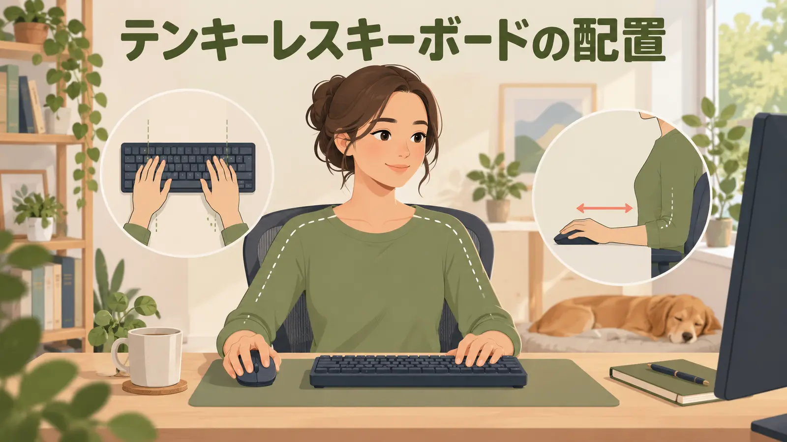 マウスを身体へ近づけたテンキーレスキーボードの配置