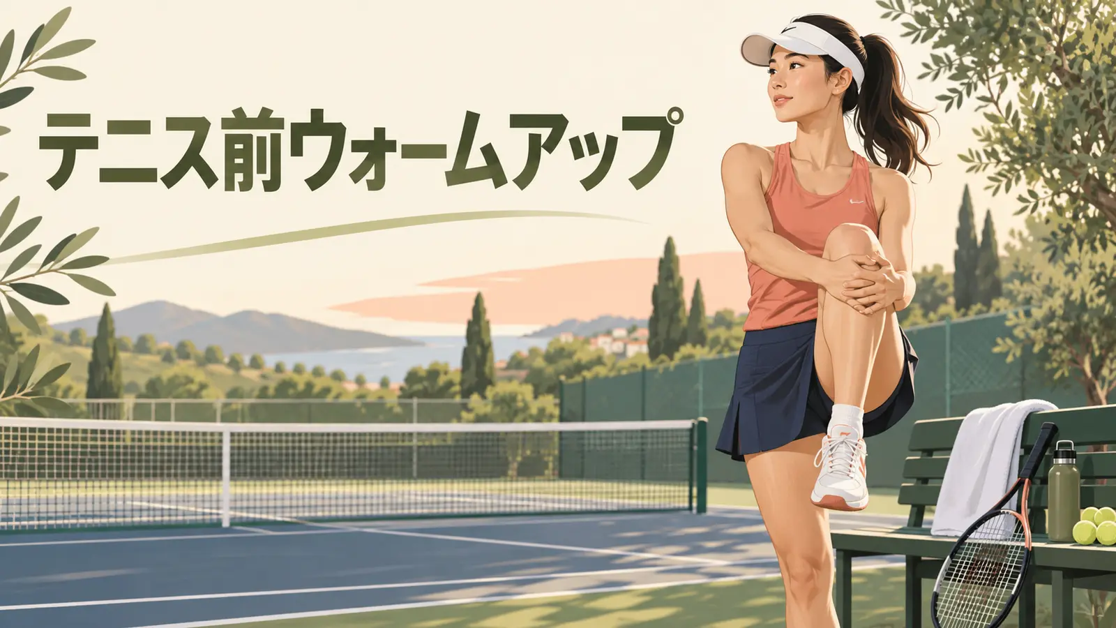 テニス前のウォームアップを行う人物