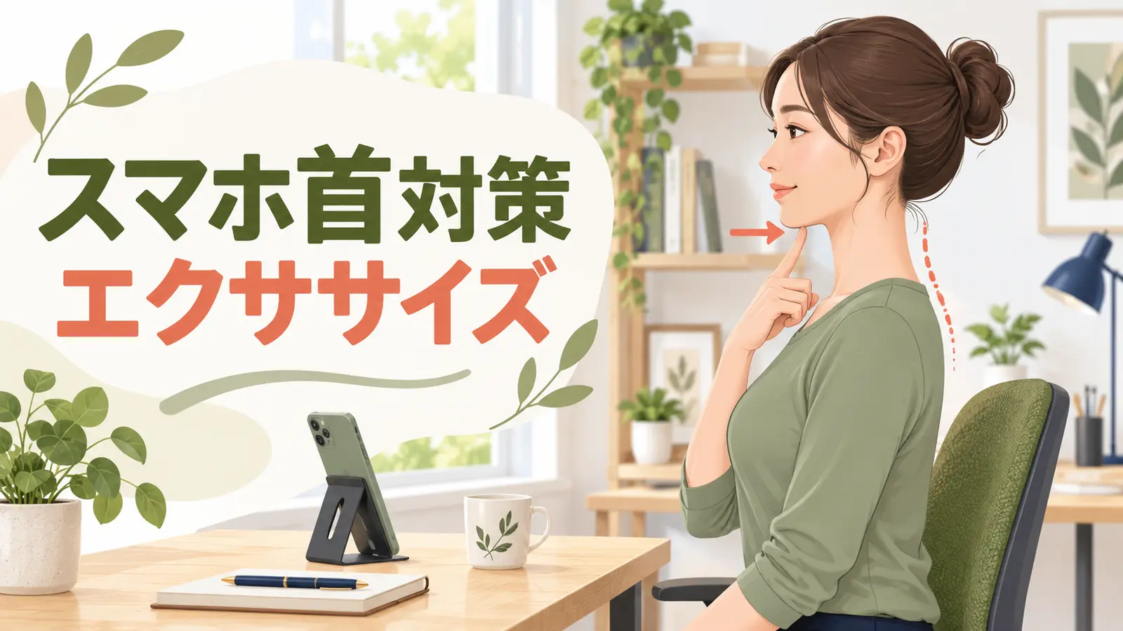 あごを小さく引いてスマホ首対策をする女性
