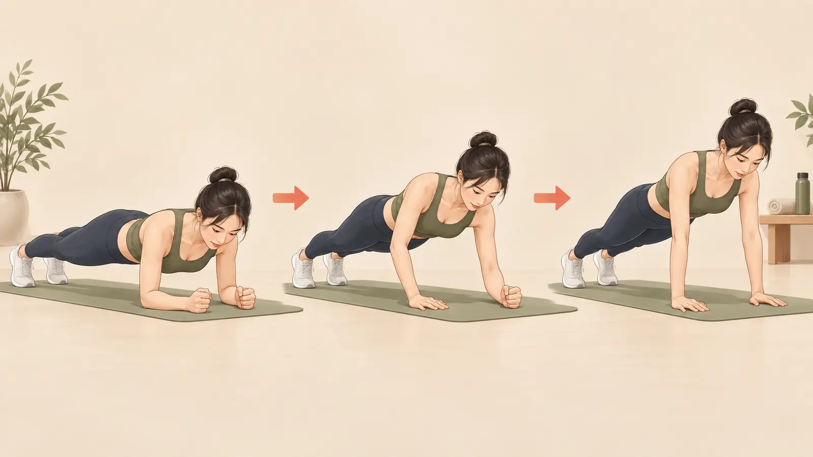 前腕プランクから両手で押し上がる手順
