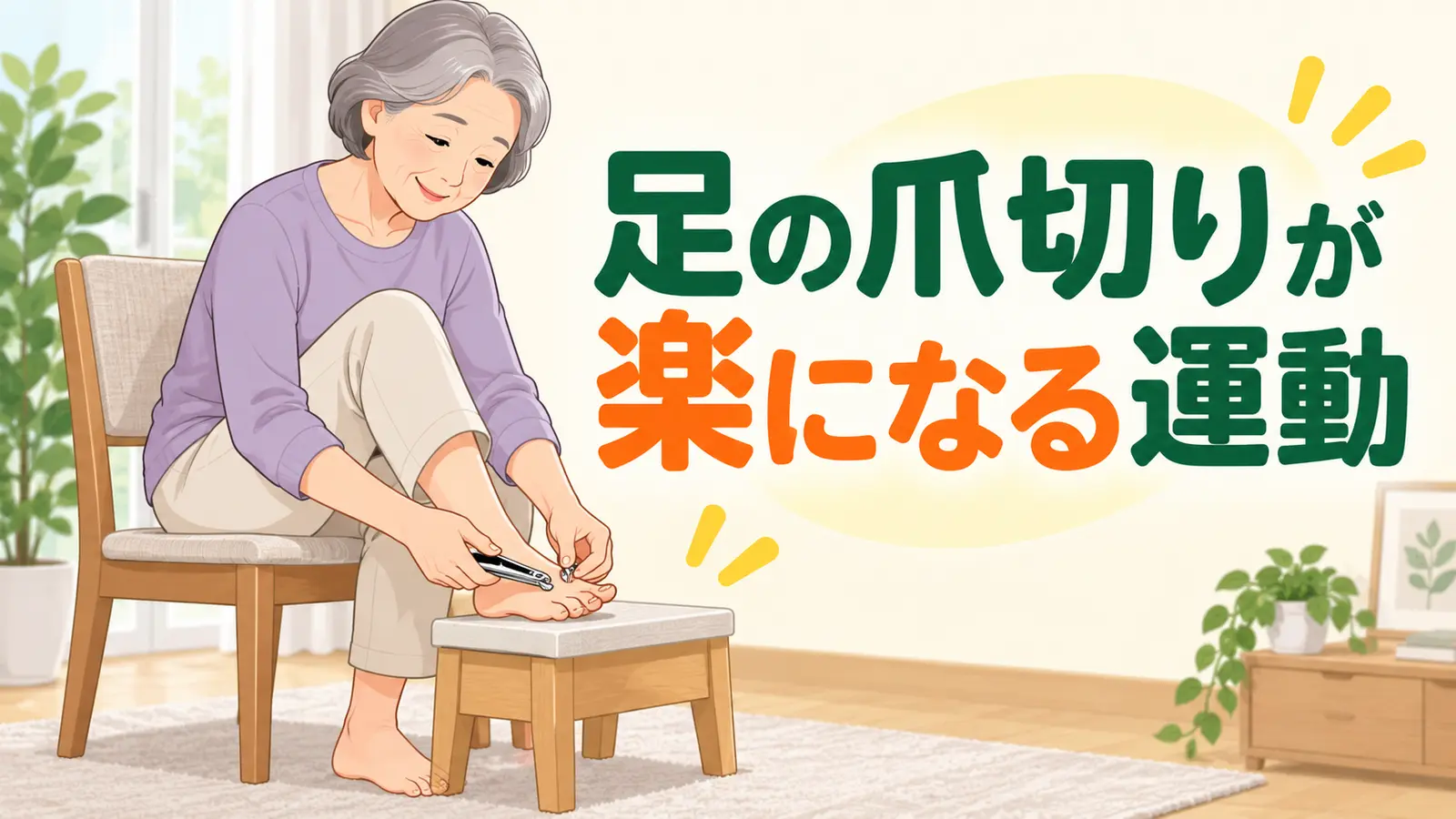 安定した椅子で足を低い台へ置いて爪を切る中高年女性