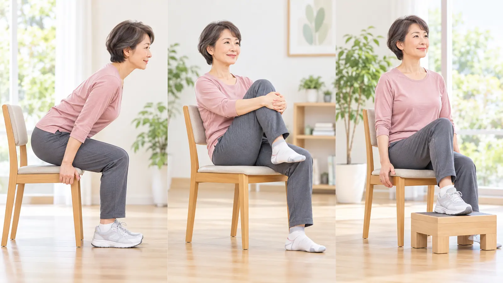椅子ヒップヒンジ、膝抱え、台に足を置く練習
