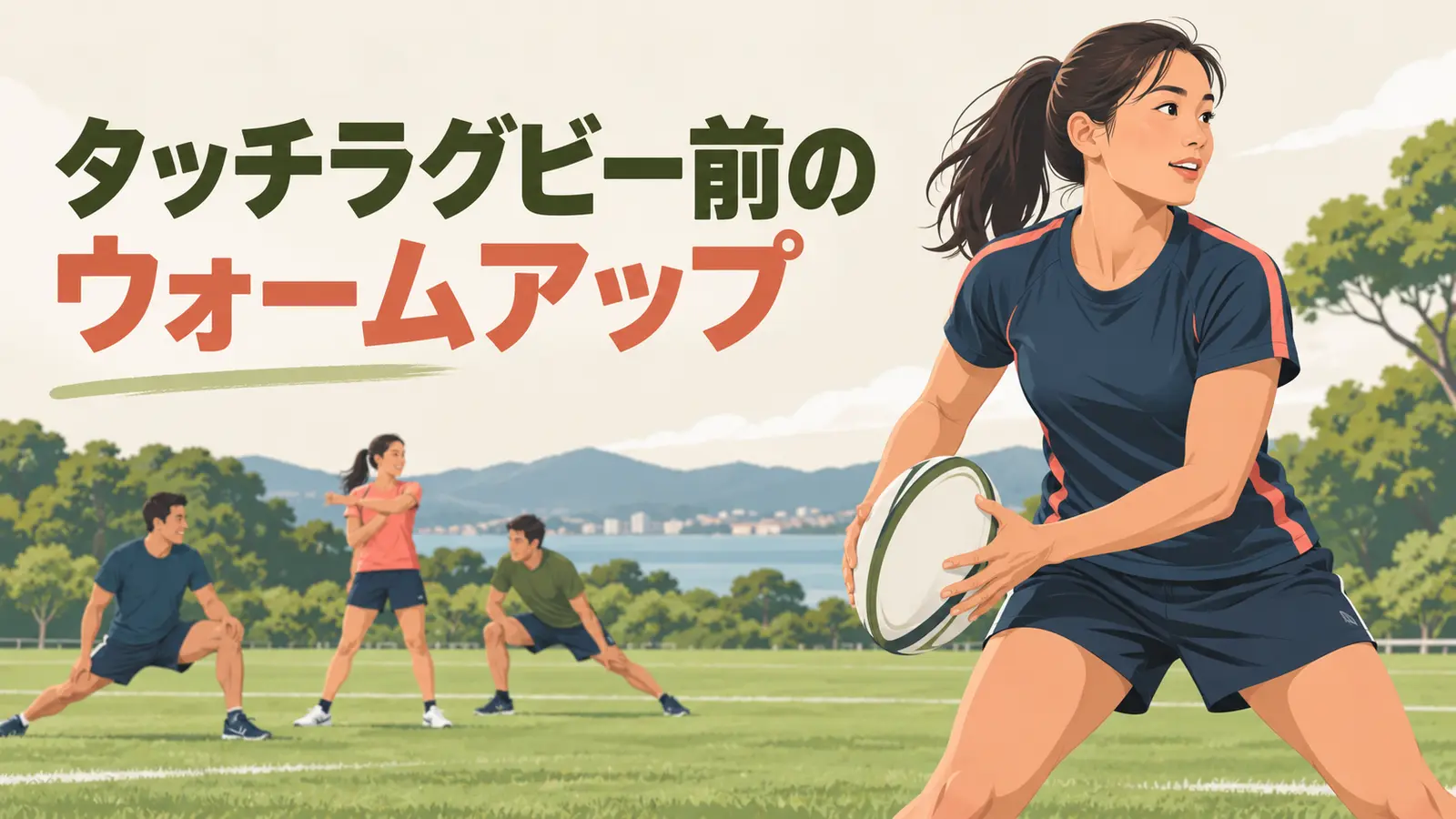 タッチラグビー前にウォームアップを行う様子