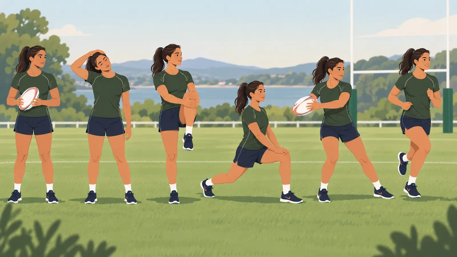 タッチラグビー前のウォームアップ手順を示すイラスト