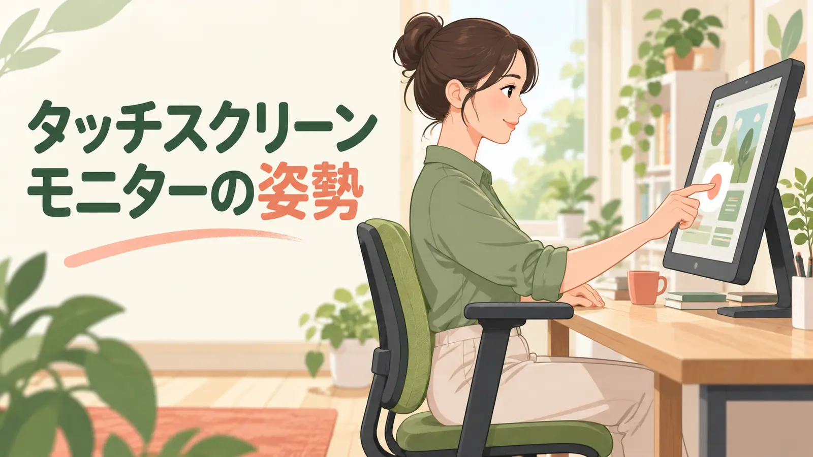 タッチスクリーンモニターを肘を支えて操作する様子